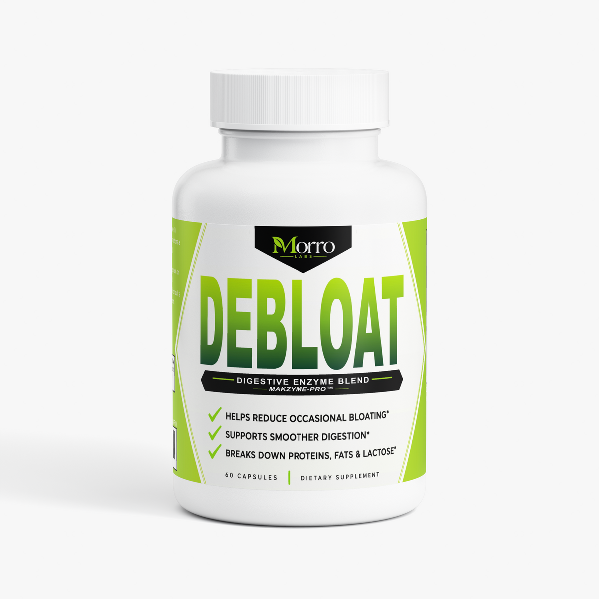 Morro Labs DEBLOAT digestive enzyme supplement, 60 capsules, bottle on white background