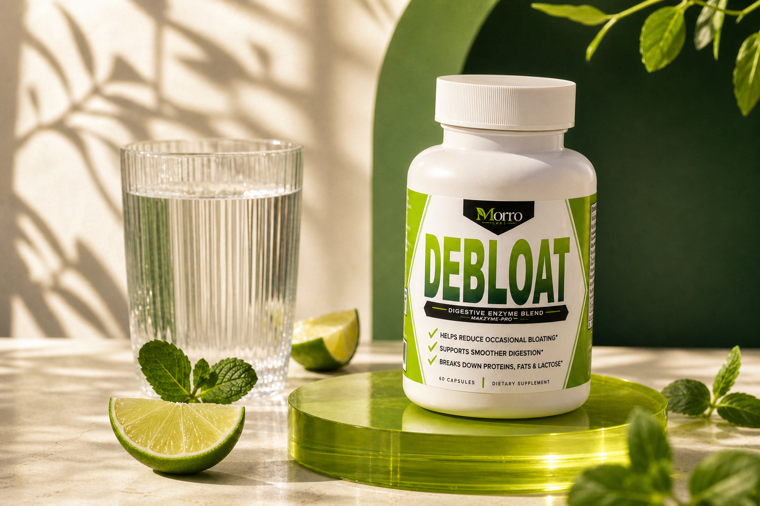 Morro Labs DEBLOAT in a sunlit lime wellness scene