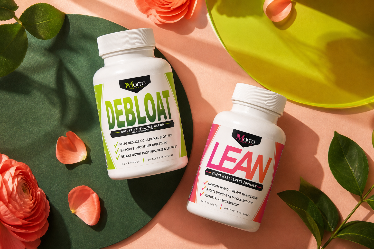 Morro Labs DEBLOAT and LEAN in a botanical campaign flat lay